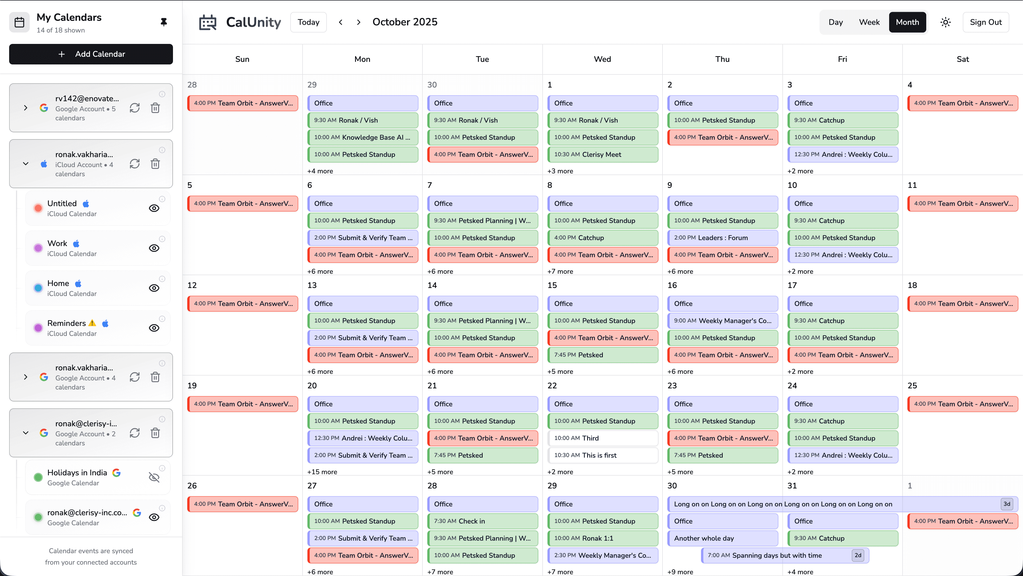 Month view showing all calendars